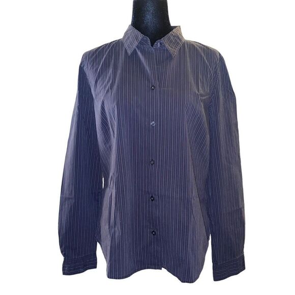 Old Navy Fitted Button Down Black Pin Stripe Stretch Top Size L - Picture 1 of 11